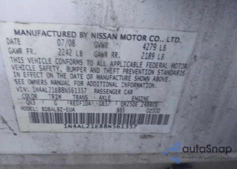 2008 Nissan Altima 2.5 S from USA, damaged, VIN 1N4AL21E88N561357